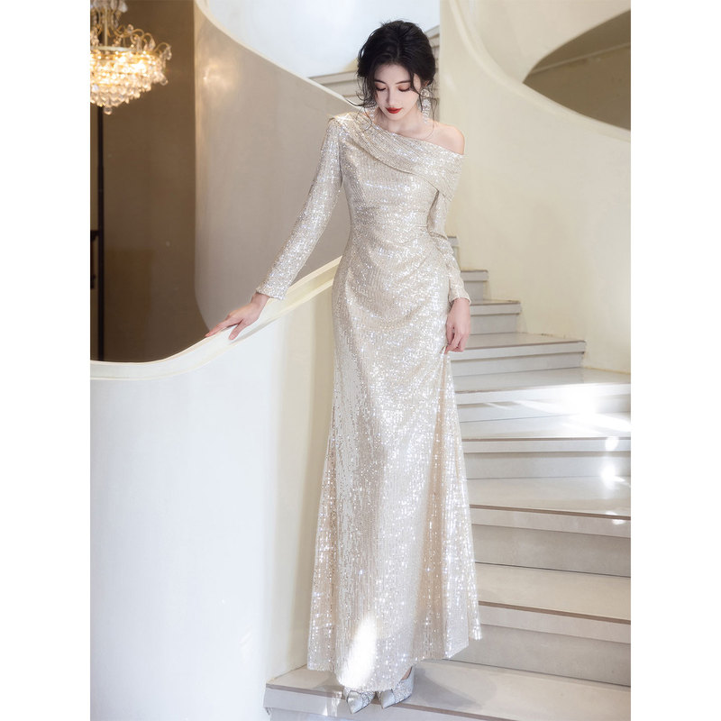 Evening Dress for Women 2026 New Style Silver Shiny High-End Long-Sleeve Host Annual Meeting Dress Light Luxury Niche
