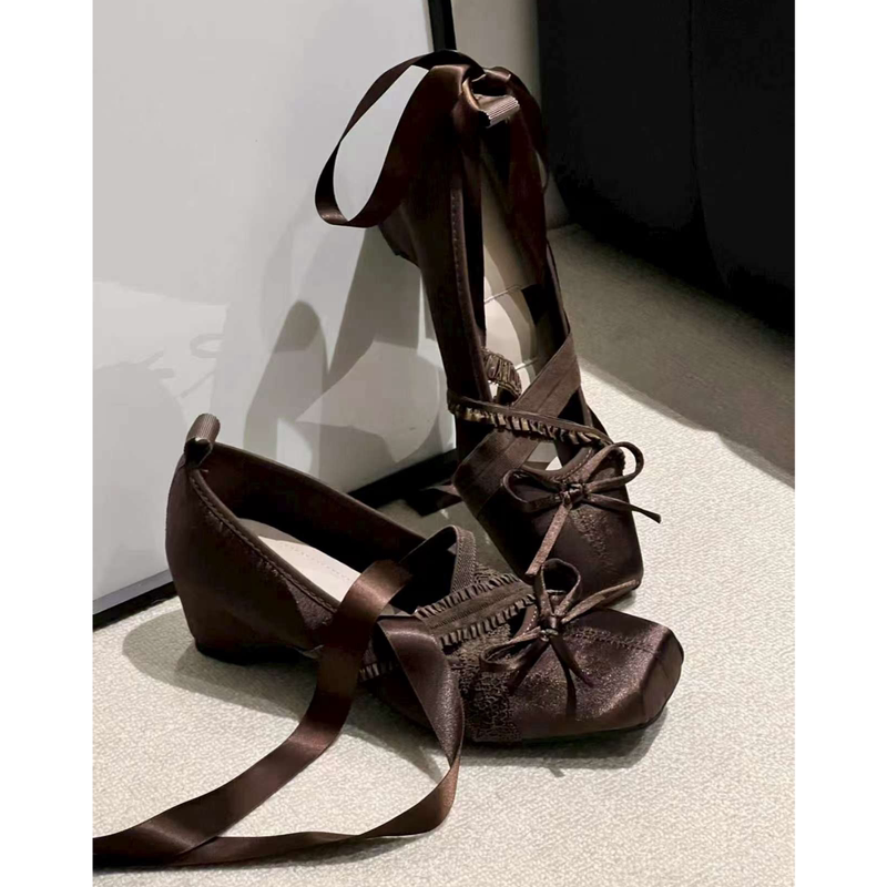 New Women's Ballet Mary Jane Shoes with 5cm Hidden Heel, Versatile Bow Lace-Up Design, Chunky Heel, Shallow Mouth Single Shoes