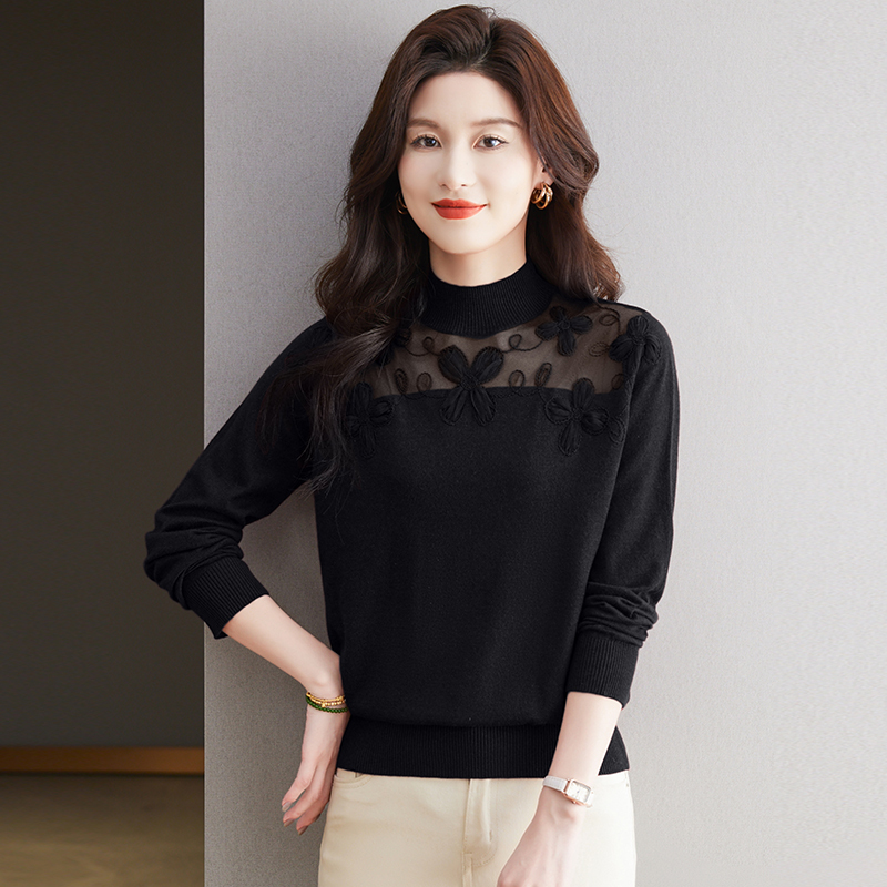 Spring and Autumn Ultra-Fine Cashmere Inner Sweater with Lace Long Sleeves, Stylish Base Shirt for Women, Thin Mesh Top, Knitted Sweater