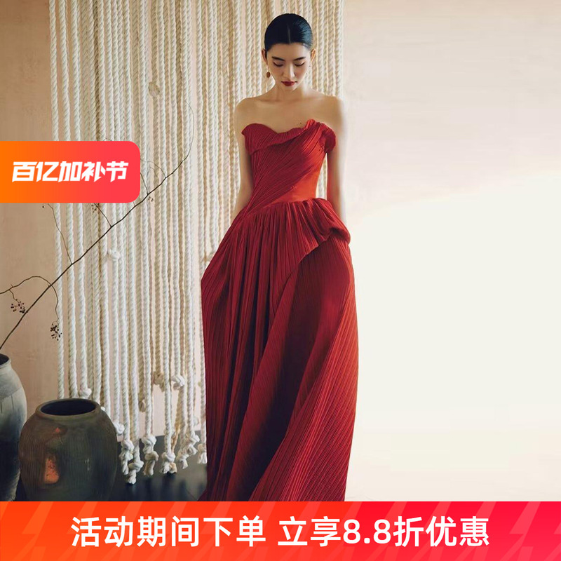 Red Bridal Toast Dress, Niche Light Luxury Strapless High-End Engagement Morning Gown, Banquet Reception Homecoming Casual Dress