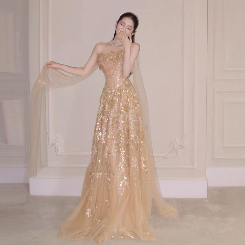 Gold Strapless Sequin Evening Dress 2026 New High-End Bridal Wedding Toast Dress Host Dress