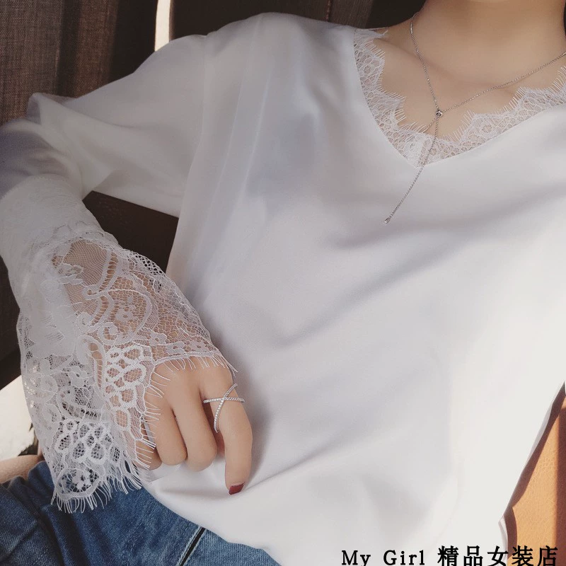 Đầm ren cổ chữ V nữ 2018 mùa thu mới buông tay dài tay áo voan đáy ren bên trong