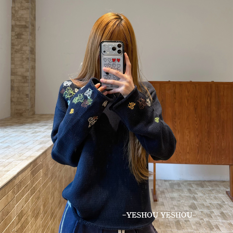 Yeshou High Version! Stickman Series Colorful Embroidered Crew Neck Sweater Niche Design Pullover Knitwear