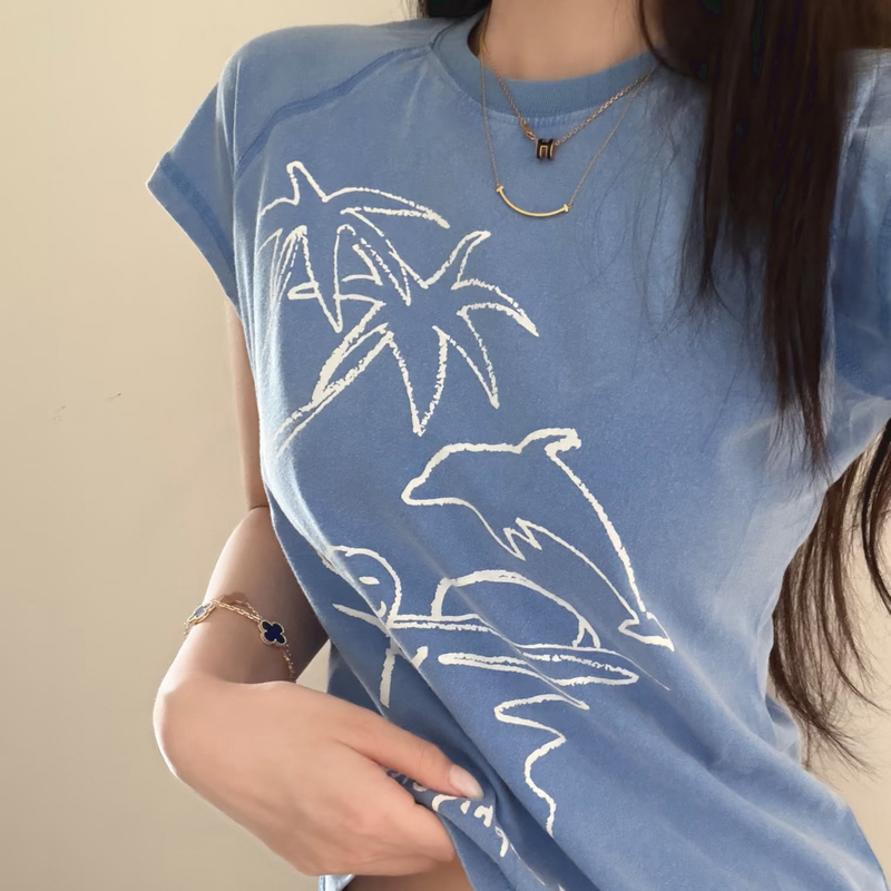 Yeshou High-Quality Stick Figure Coconut Tree Print Short-Sleeve T-Shirt, Washed Blue Cartoon Graffiti Slim-Fit Top