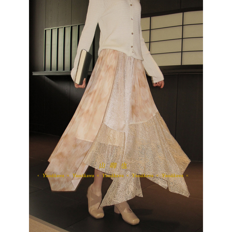 Yamakawa "Floral Notes" Retro Vibe Pearlescent Pleated Patchwork Mesh Elastic Waist Skirt