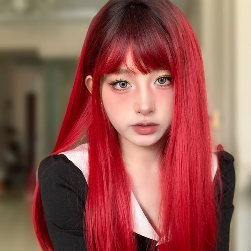 Crimson Moon Night·Chili Oil Wig Explosive Dyed Red Long Straight Hair Natural Gothic Style Daily Full Headgear