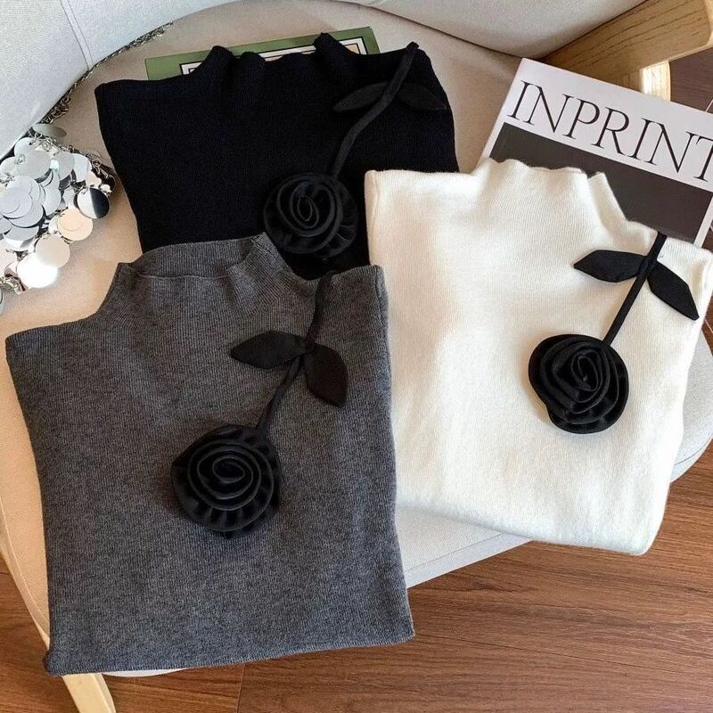 Three-Dimensional Floral Half-High Collar High-End Autumn and Winter New Knitwear, Slim-Fitting Elegant Top, Thin Sweater