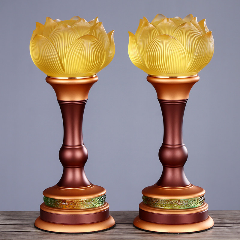 Yuantong craft colorful glazed lotus lamp Buddha supply lamp led household plug-in power supply lamp a pair of Buddha lamps