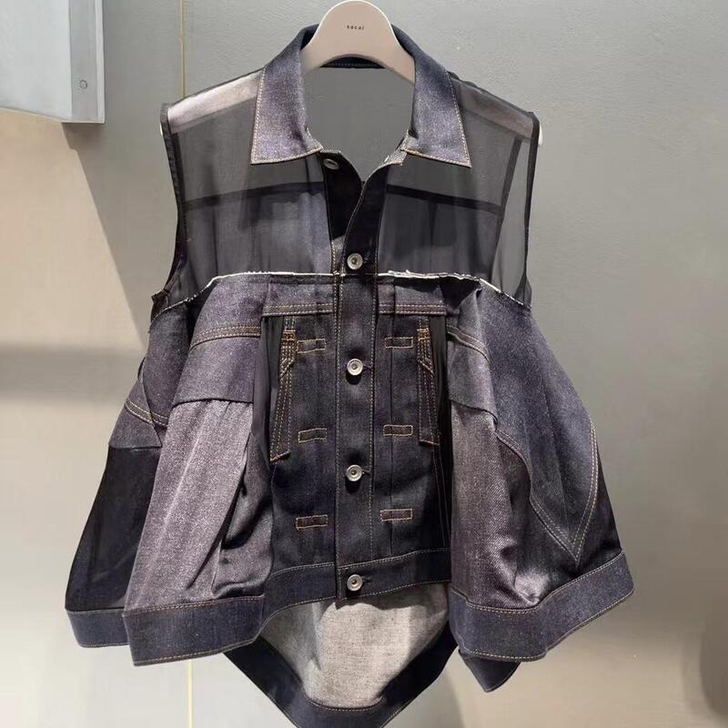 Fog Sacai Japanese Style 2026 Spring/Summer New Semi-Transparent Sleeveless Denim Vest with Contrasting Color Patchwork Top