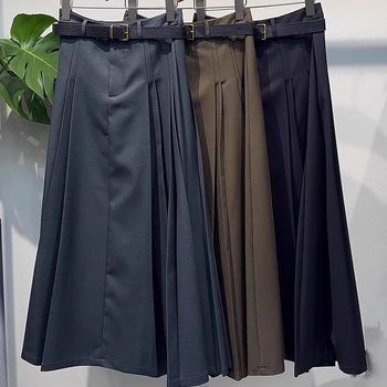 Commuting Style High-Waisted Slimming Pleated Long Skirt with Belt Versatile Slim-Fit Skirt 2025 Autumn and Winter