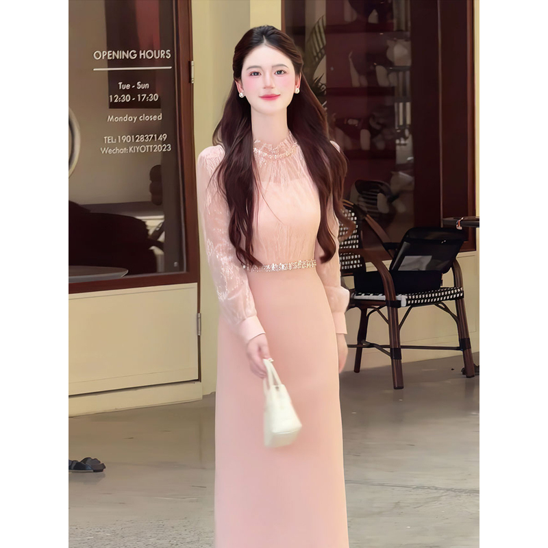 French-Style Gentle Pink Gauze Sleeve Dress for Women, New Autumn Model, High-End, Elegant, Waist-Cinching, Slimming, Body-Hugging Long Dress