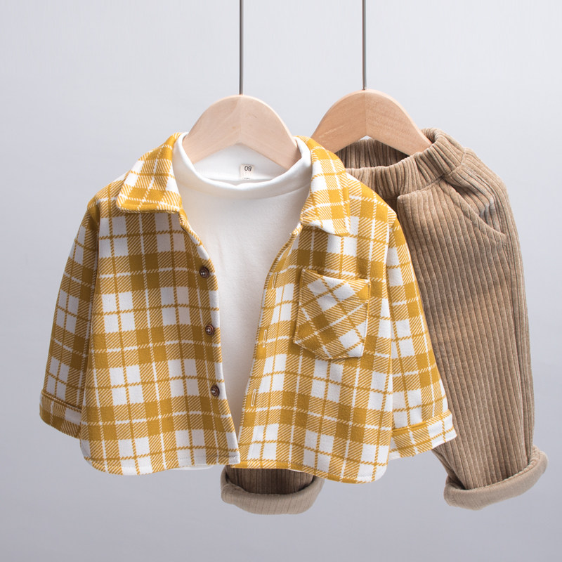 Boy's spring clothing 2022 new plaid children's shirt jacket thickened, suede Korean version baby lining the spring and autumn foreign pie