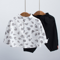 Boys  shirt Whale long sleeve cotton and hemp childrens baby Korean version of the shirt Foreign personality spring thin stand-up collar top