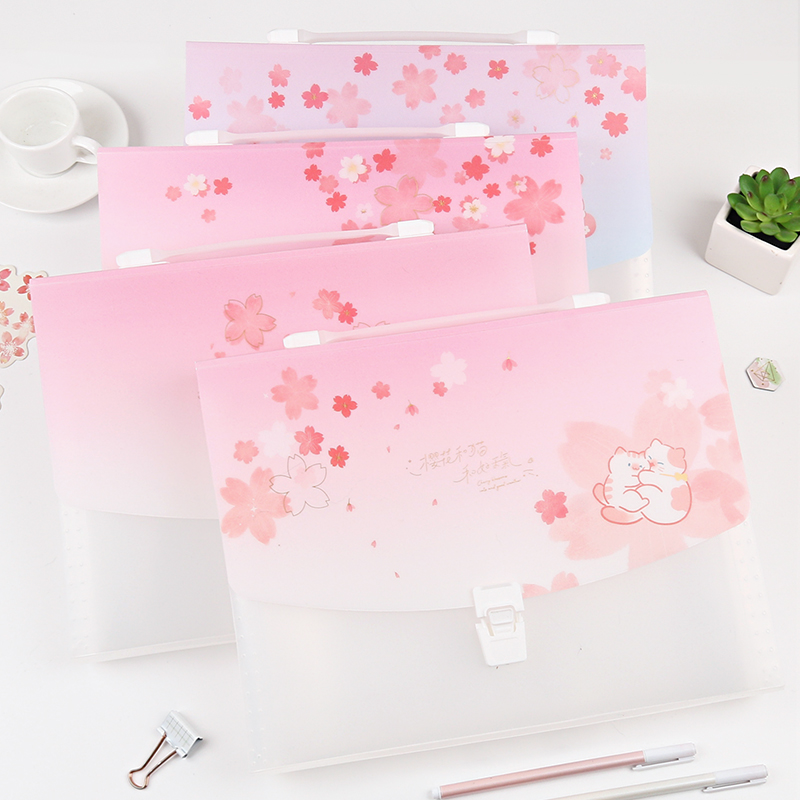 The first product cherry blossom and cat and good weather 13 into the multi-card bag creative beautiful cute little fresh students multi-layer file bag folder portable transaction bag A4