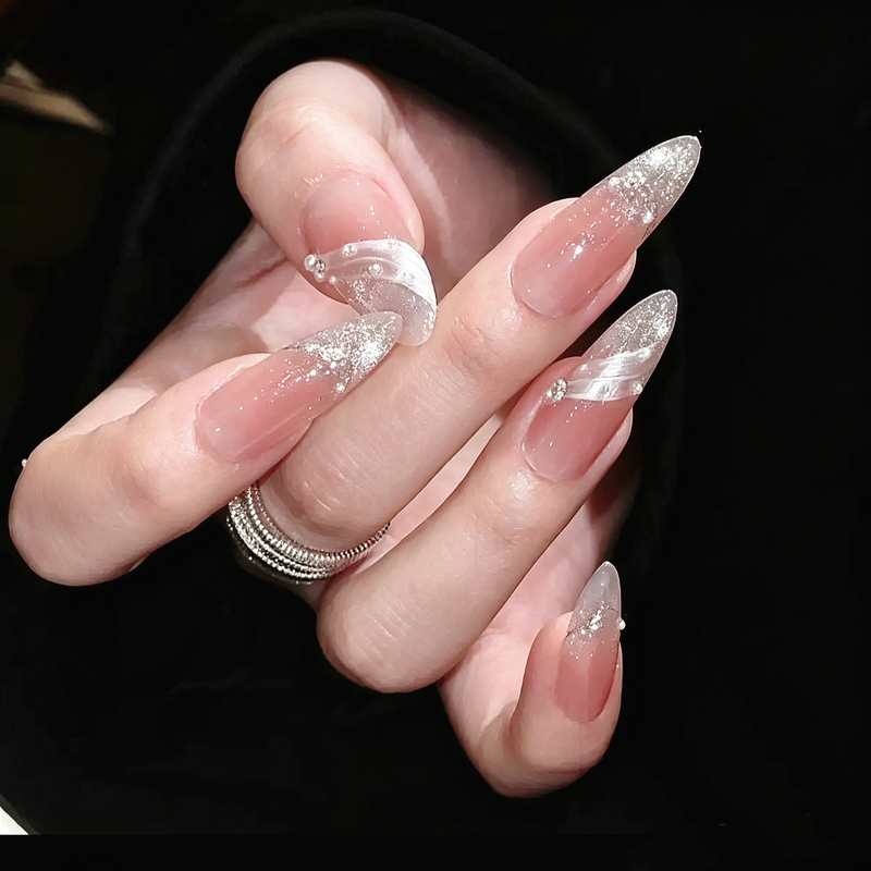 Yujia 2026 New Model Pure Handmade Wearable Nails with Dazzling Satin Finish Nail Stickers, Medium-Length, High-End Fake Nails