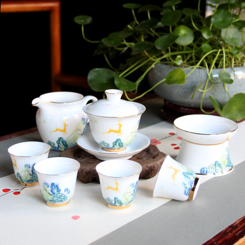 Goat fat jade ceramic Chinese style Kung Fu tea tea tea teapot lid bowl tea tea tea set for home water ink upscale gift box clothes