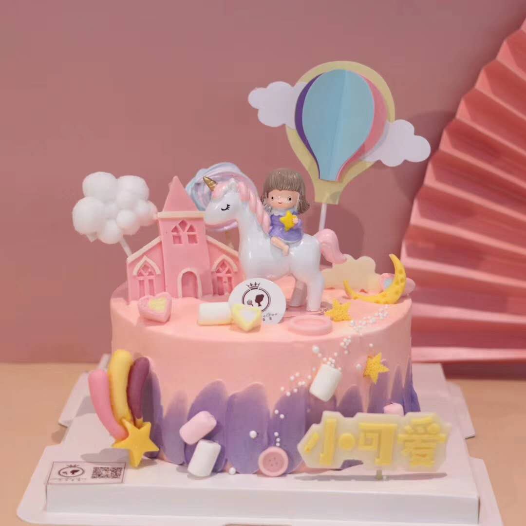 Cake decoration dreamy angel inlaid with wings riding a little girl pink unicorn Trojan horse cake swing piece