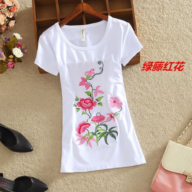 Áo thun nữ tay dài phong cách quốc gia mùa hè 2019 Áo thun mỏng mỏng cổ tròn thêu cổ áo hoang dã - Áo phông áo thun nữ cao cấp