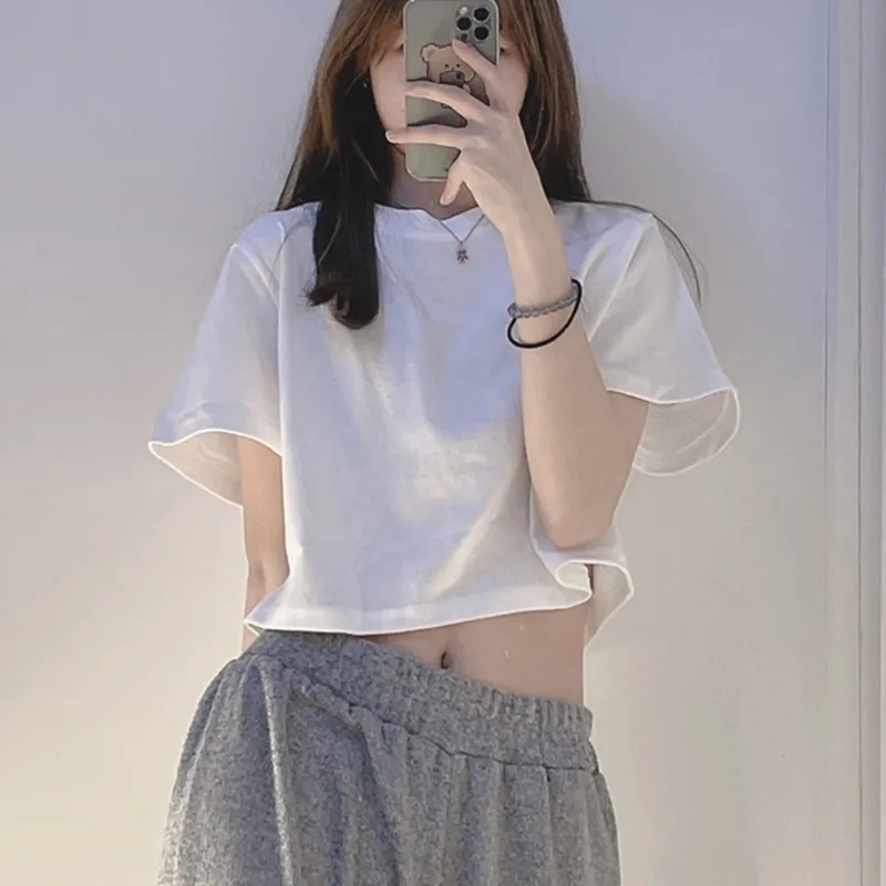 Plus Size Women's Clothing Fat mm 1.0-150kg Short-Sleeved T-Shirt Women's Summer High-Waisted Navel-Baring Sexy Short Top ins Trendy