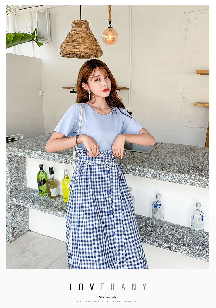 VK旗艦店 韓系休閒圓領T恤高腰格子半身裙套裝短袖裙裝