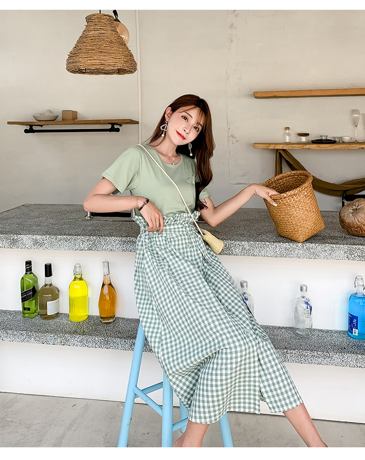 VK旗艦店 韓系休閒圓領T恤高腰格子半身裙套裝短袖裙裝