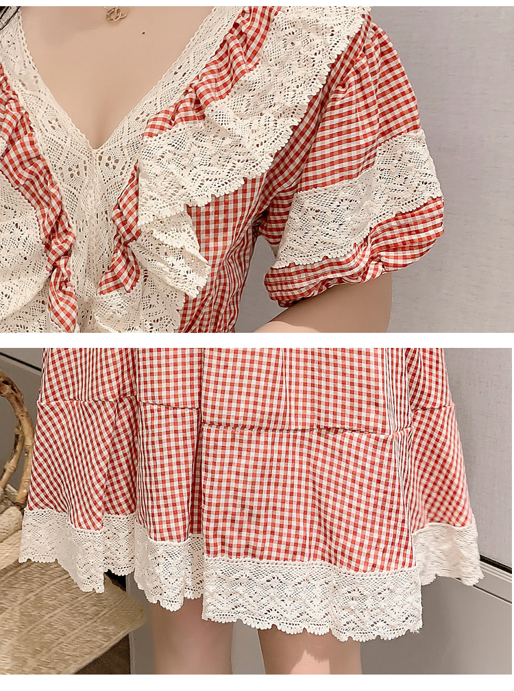 VK旗艦店 韓系復古收腰格紋蕾絲拼接短袖洋裝