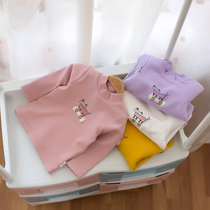 Girls cartoon kitten plus velvet padded long sleeve T-shirt children cotton inside female baby multi-color warm base shirt