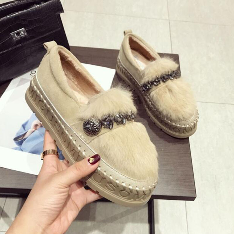 South Korean genuine leather water drill flat bottom fur shoes 2023 autumn and winter new one foot pedal thick bottom 100 lapped heightening muffin shoes woman-Taobao