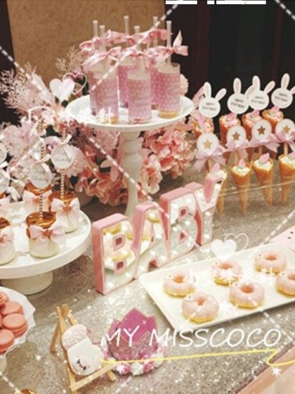 粉色主题派对甜品台布置满月百天周岁烘焙纸杯蛋糕插件布丁瓶装饰