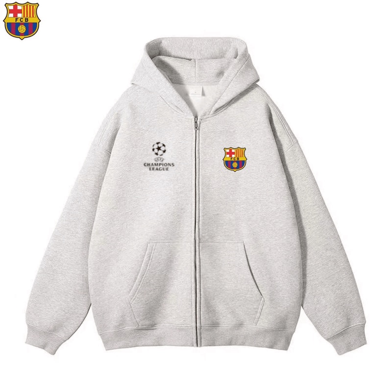 Heavyweight Zip-Up Pure Cotton Sweatshirt Football Sports Jacket Barcelona Autumn and Winter Warm Casual Loose Hooded Cardigan Top
