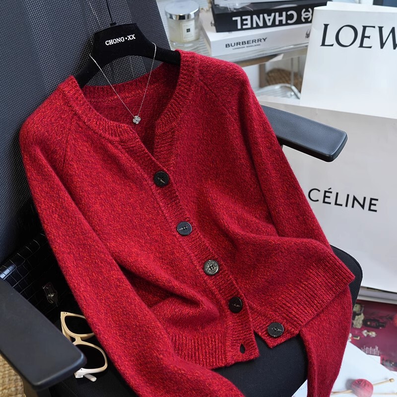 Hejia's Price Tag Is 8K! the Ultimate New Year Red~ Pure Wool Knitted Cardigan/V-Neck Pullover Sweater for Women, New Autumn Style