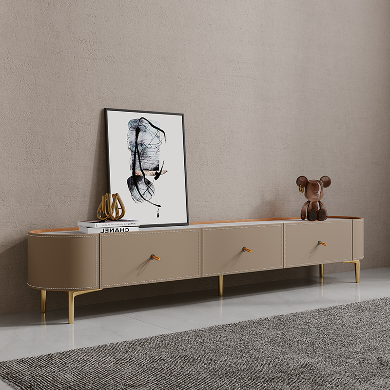 Light and luxurious saddle leather TV cabinet tea table combination modern minimalist small family living room rock plate with rounded corners TV cabinet