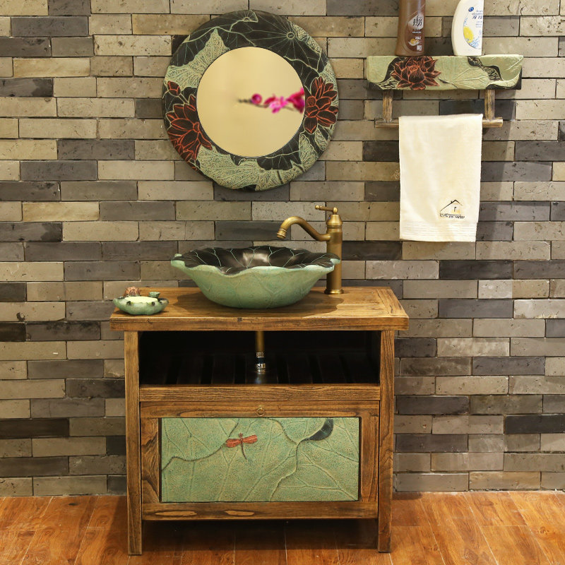 Solid wood Chinese bath Bathroom Cabinet Retro Floor Bath Cabinet Balcony washing desk Wash Basin Makeup room cabinet Composition Handwashing pool