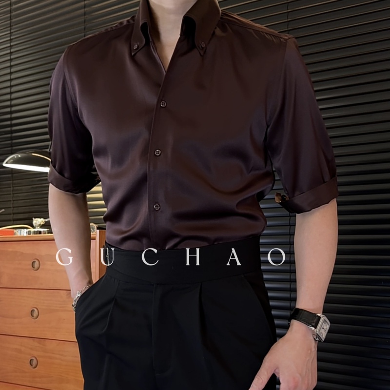 Gu Trendy Summer Simple Pointed Collar Versatile Solid Color Shirt Italian Style Wrinkle-Resistant No-Iron Versatile Slim-Fit Mid-Sleeve Shirt