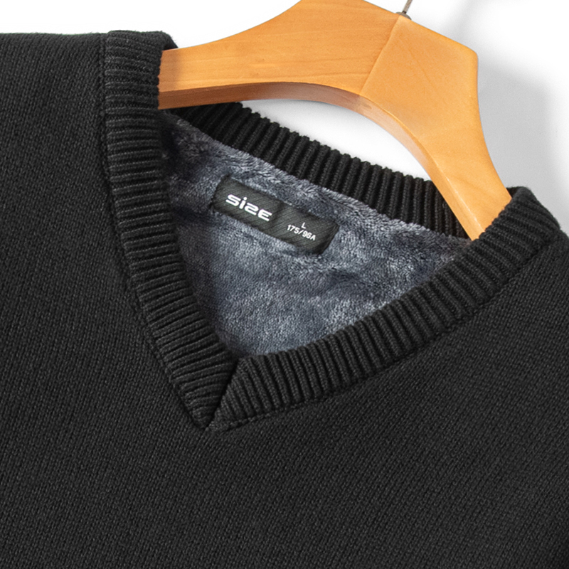 Men's Winter Low-Neck Warm Base Layer Sweater with V-Neck, Fleece Lining, and Thickened Material, Suitable for Young Men and Fathers