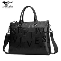 Seven wolves mens bag Genuine leather pure cowhide mens handbag Business large capacity briefcase Shoulder computer bag