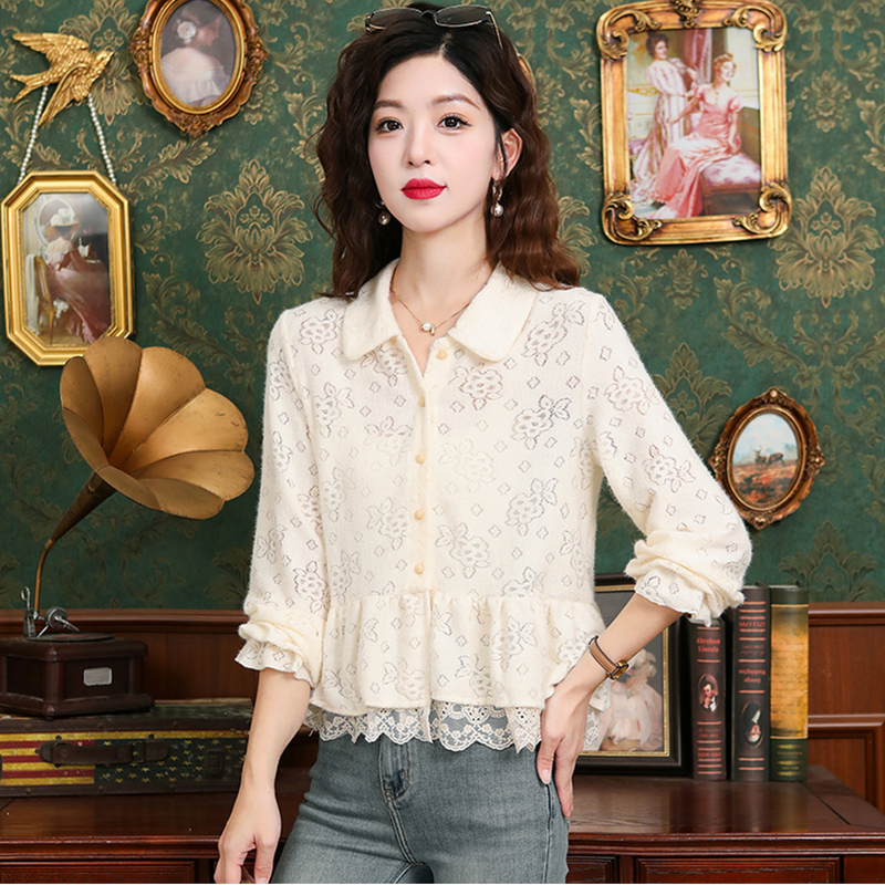 Hangzhou High-End Designer Silk Shirt for Women, Long-Sleeved Hollow Lace Blouse, Fashionable and Sophisticated Mulberry Silk Top