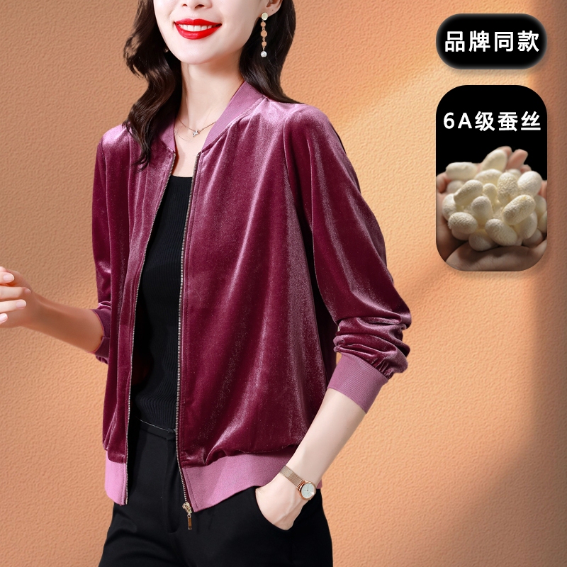 Mother's Wear Silk Velvet Short Coat Women's Loose Baseball Jacket Zipper Long-Sleeve Mulberry Silk Top