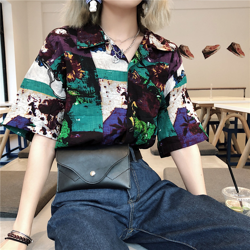 Retro Hồng Kông phong cách chic Hàn Quốc cá tính xu hướng màu áo sơ mi lỏng ngắn tay hoa áo sơ mi vuông cổ áo sơ mi nữ cổng những kiểu áo sơ mi đẹp dành cho người mập