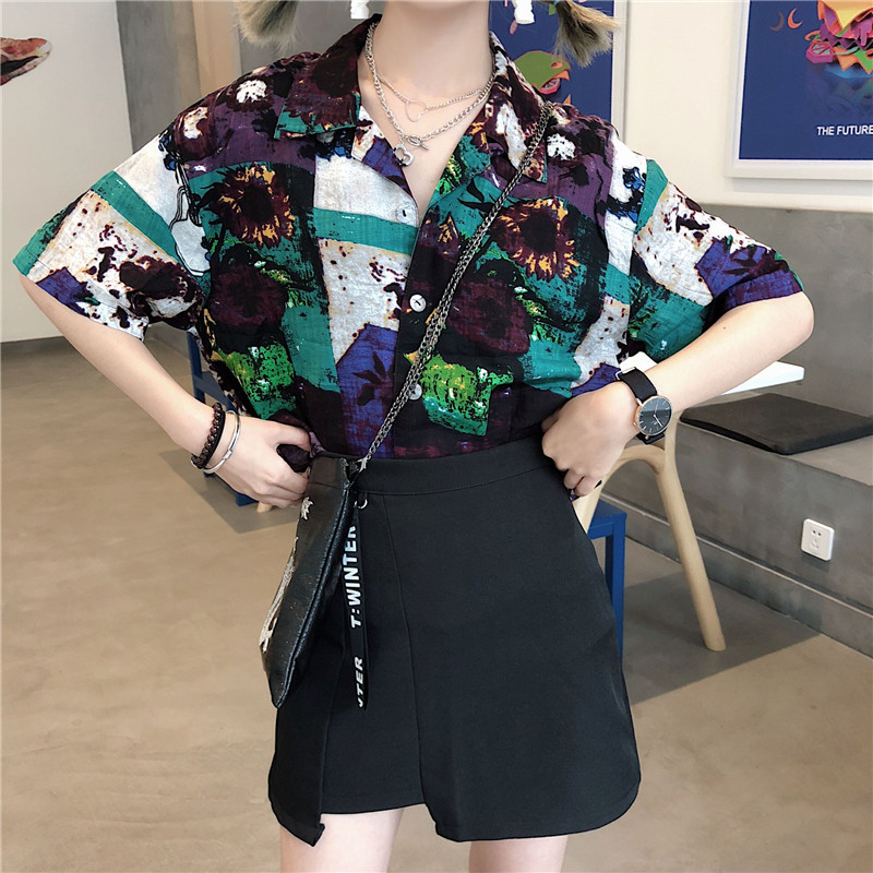Retro Hồng Kông phong cách chic Hàn Quốc cá tính xu hướng màu áo sơ mi lỏng ngắn tay hoa áo sơ mi vuông cổ áo sơ mi nữ cổng những kiểu áo sơ mi đẹp dành cho người mập