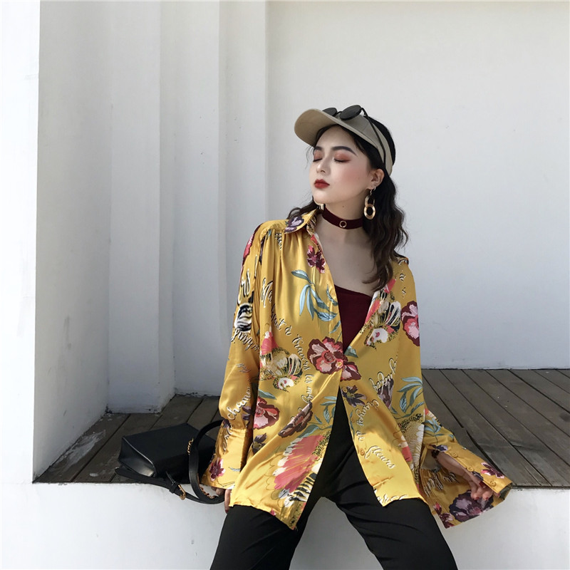 Cổng cổ điển gió chic in ấn dài lụa satin dài tay áo sơ mi lỏng mỏng ve áo thư áo sơ mi Hồng Kông hương vị nữ 	áo sơ mi nữ kẻ sọc dài tay	
