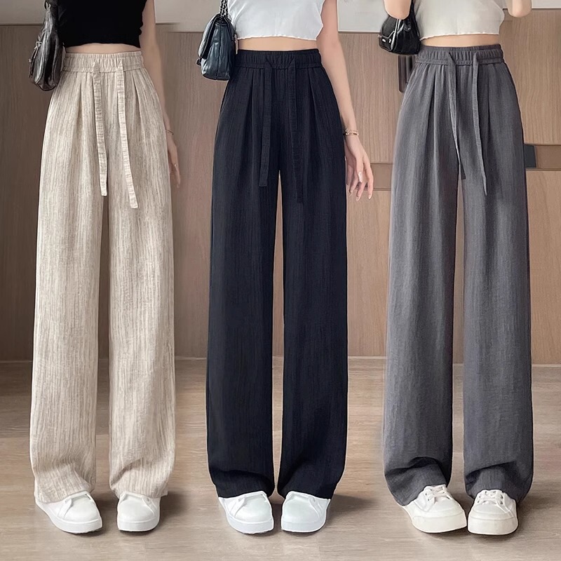 2026 Summer New Women's Ice Silk Cotton Linen High-Waisted Fashion Wide-Leg Pants Casual Lazy Drape Straight-Leg Floor-Length Pants