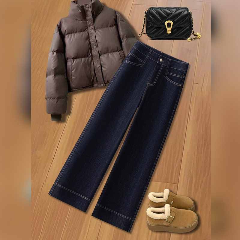 Fleece-Lined and Thickened Denim Blue Cropped Straight-Leg Jeans for Women, 2026 Autumn and Winter New Style, Washed High-Waisted Versatile Wide-Leg Pants