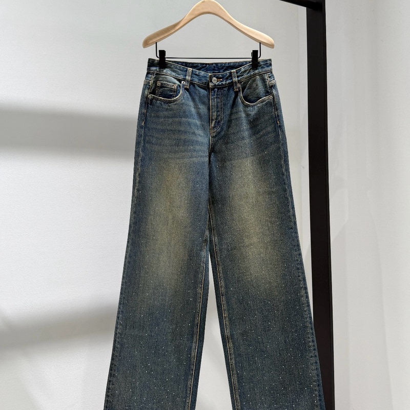 Authentic 2025 Winter New Retro Indigo Cotton Gradient Silver-Embossed Mid-High Waist Straight-Leg Jeans Mbe4Jen015