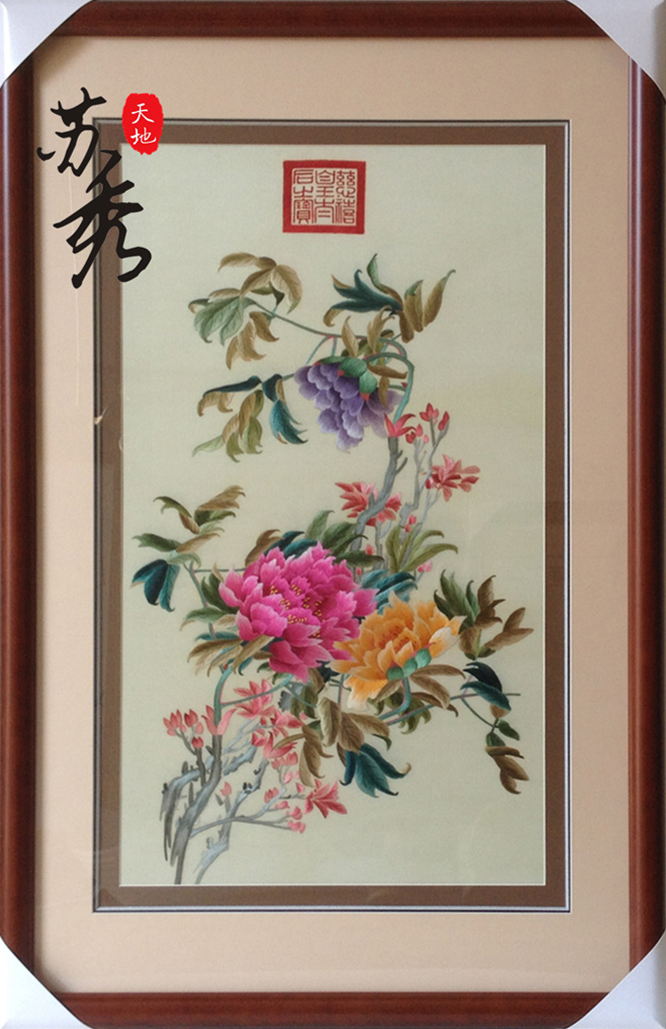 Handmade embroidery of finished living room hallway decorated palace peony flower sofa background wall