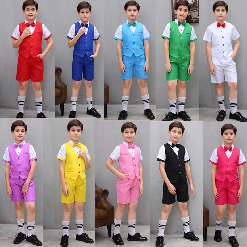 Hoa cô gái váy cậu bé bộ đồ ngắn tay phù hợp với mùa hè trẻ em nhỏ người dẫn chương trình biểu diễn trang phục Yếm phong cách Anh - Trang phục