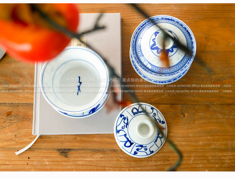 Restoring ancient ways of jingdezhen blue and white porcelain tureen only three cups of tea ware bowl kung fu hand grasp the teapot tea cups