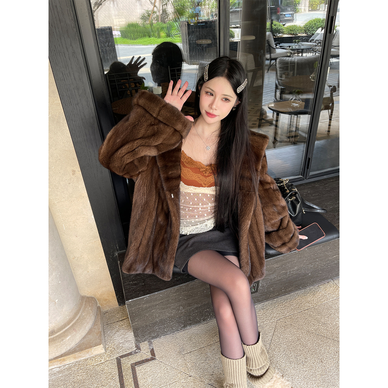 Three-Night Import Purple Label Velvet Hooded Mink Fur Coat, Full Mink Fur Jacket for Women Three-Night Import Purple Label Velvet Hooded Mink Fur Coat, Full Mink Fur Jacket for Women