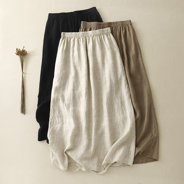 Retro distressed linen skirt for women summer thin elastic waist simple casual versatile solid color a-line mid-length skirt