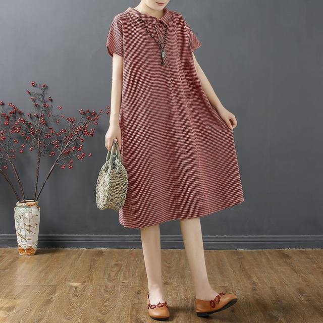 Literary fan retro plaid cotton and linen dress women's summer new loose belly-covering linen mid-length shirt skirt